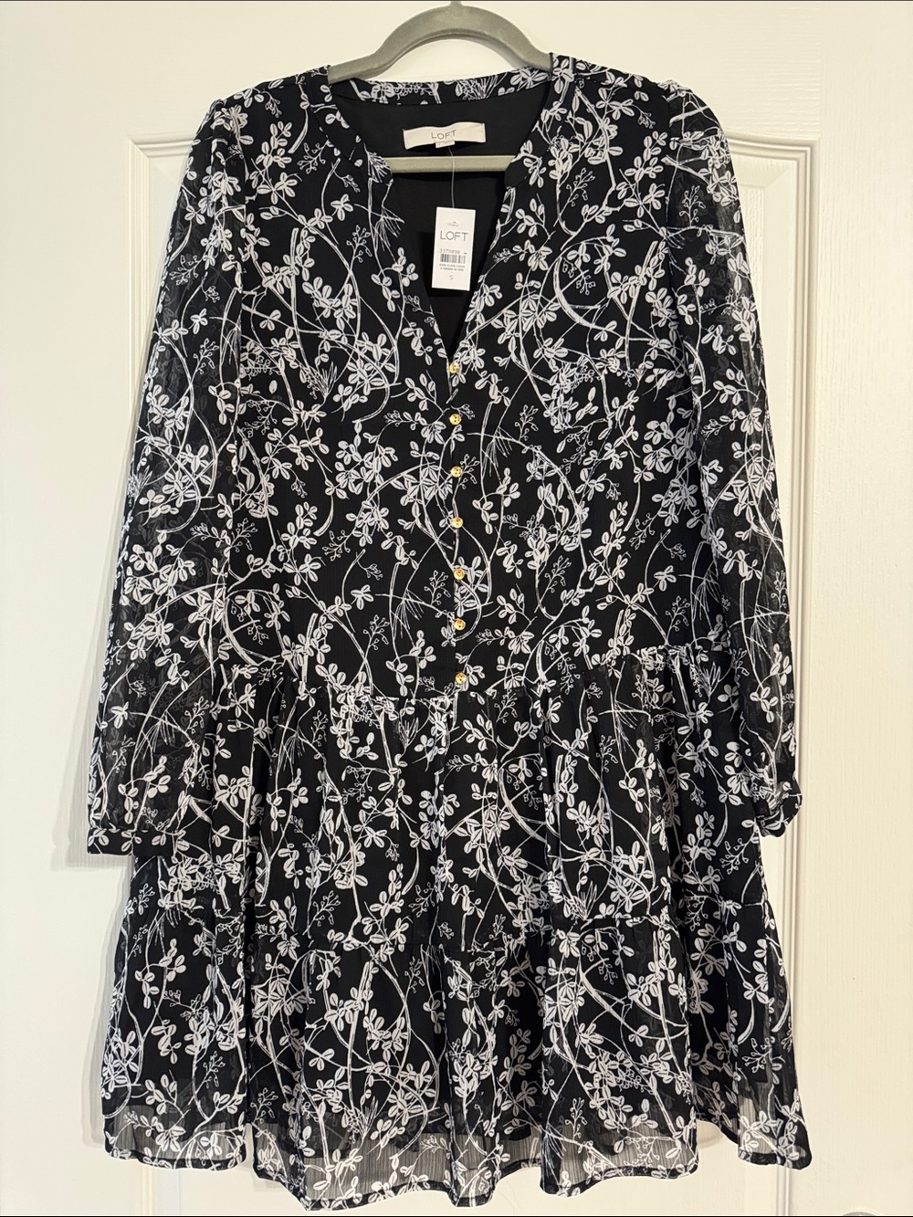 LOFT Black and White Floral Tiered Long-Sleeve Dress